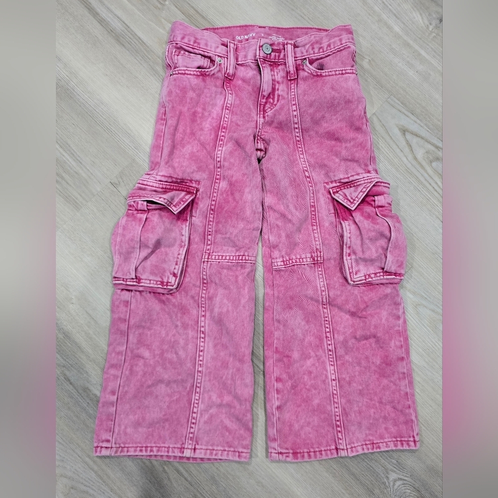 Old Navy Girls' Super Baggy Wide Leg Cargo Jeans Pink Size 6 Adjustable Waist